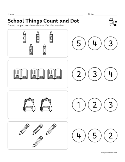 Preview of the printable “School things count and dot” worksheet: counting 1 to 5 school things and finding the number