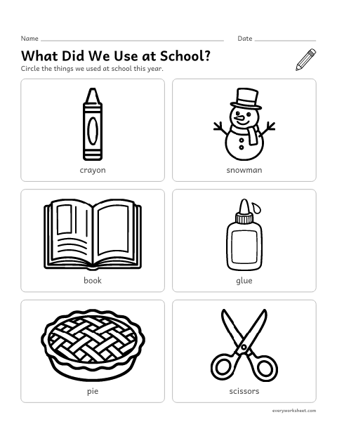 Preview of the printable “What did we use at School?” worksheet: remembering and naming the tools we used at school