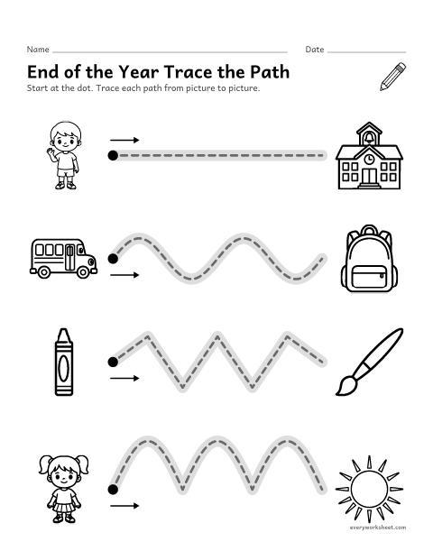Preview of the printable “End of the year trace the path” worksheet: tracing straight, wavy and zigzag lines from left to right