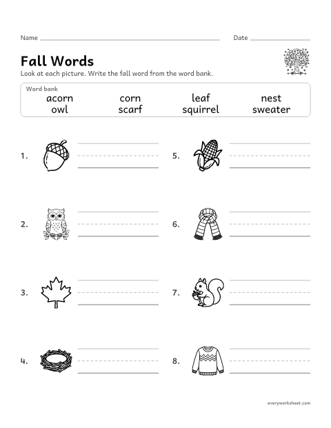 Preview of the printable “Fall words” worksheet: spelling fall words with a word bank