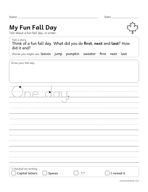 Preview of the printable “My fun fall day” worksheet: writing a short narrative with events in order and time words
