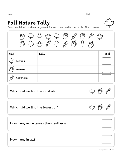 Preview of the printable “Fall nature tally” worksheet: sorting fall things into a tally chart and comparing the totals