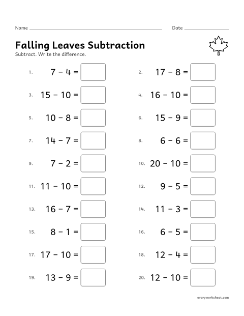 Preview of the printable “Falling leaves subtraction” worksheet: subtracting within 20