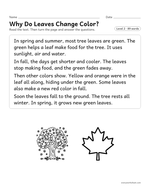 Preview of the printable “Why do leaves change Color?” worksheet: telling the main topic and key details of a nonfiction text about fall leaves