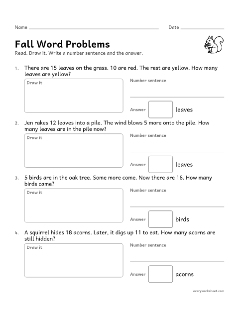 Preview of the printable “Fall word problems” worksheet: solving fall word problems within 20, including a missing change