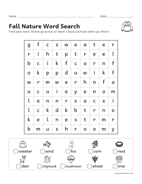 Preview of the printable “Fall nature word search” worksheet: finding and reading fall nature words by their spelling