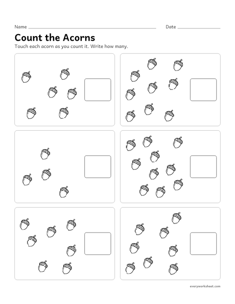 Preview of the printable “Count the acorns” worksheet: counting scattered groups of up to 10 and writing how many