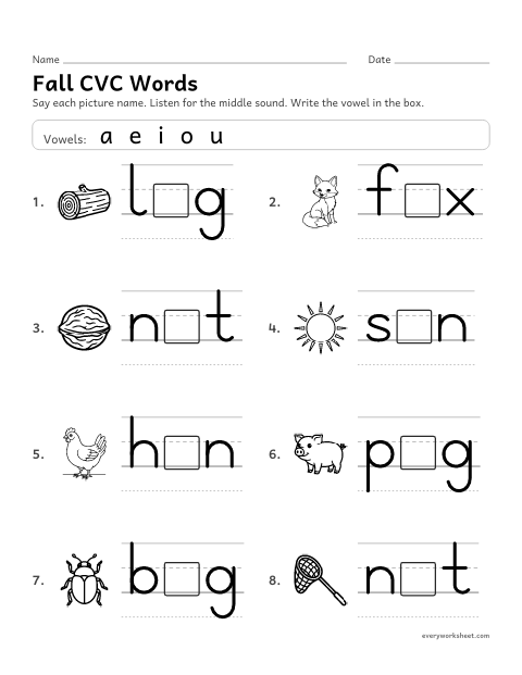 Preview of the printable “Fall CVC Words: missing vowel” worksheet: writing the short vowel in CVC picture words