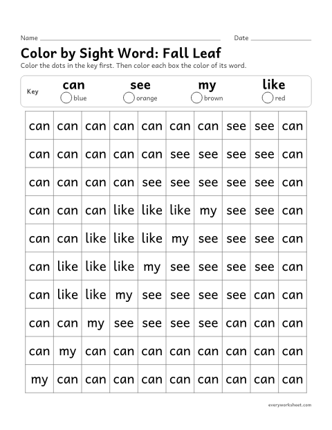 Preview of the printable “Color by sight Word: fall leaf” worksheet: reading sight words to color a picture