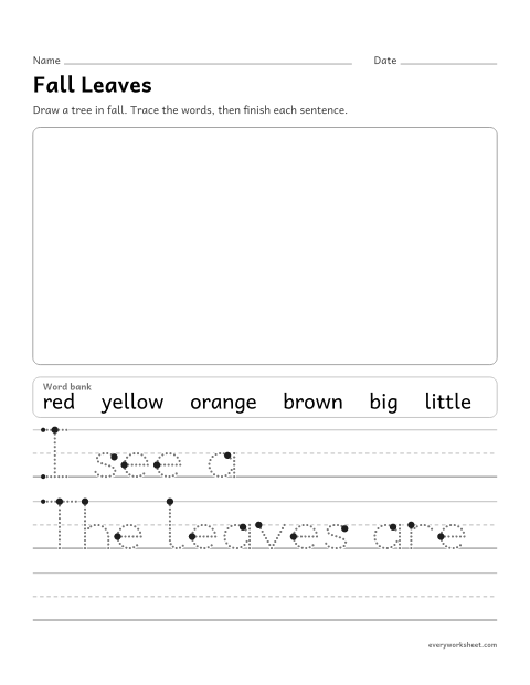 Preview of the printable “Fall leaves writing prompt” worksheet: drawing and writing to describe leaves in fall