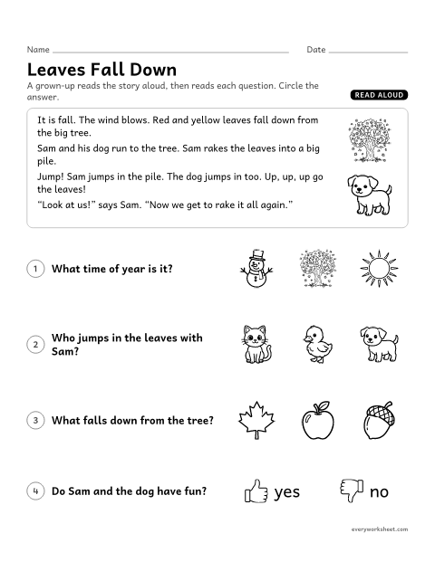Preview of the printable “Read Aloud: leaves fall down” worksheet: listening to a story and answering questions about key details