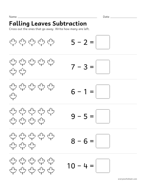 Preview of the printable “Falling leaves subtraction” worksheet: taking away pictures to subtract within 10