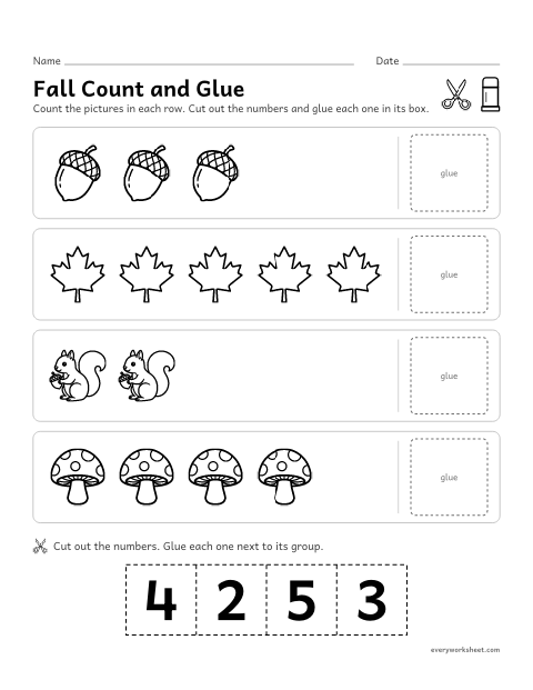Preview of the printable “Fall count and glue” worksheet: counting fall things to 5 and gluing the matching number