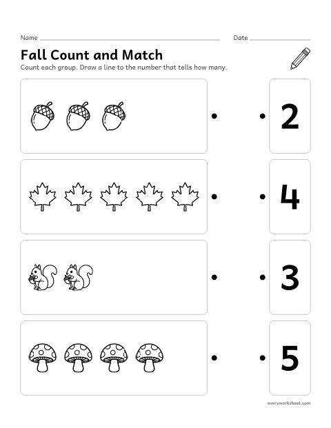 Preview of the printable “Fall count and match” worksheet: matching groups of 1 to 5 fall things to numbers