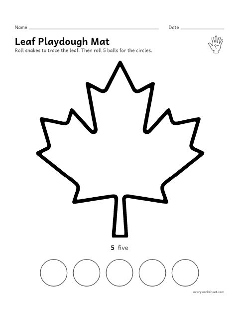 Preview of the printable “Leaf playdough mat” worksheet: rolling and pressing playdough along a big leaf outline