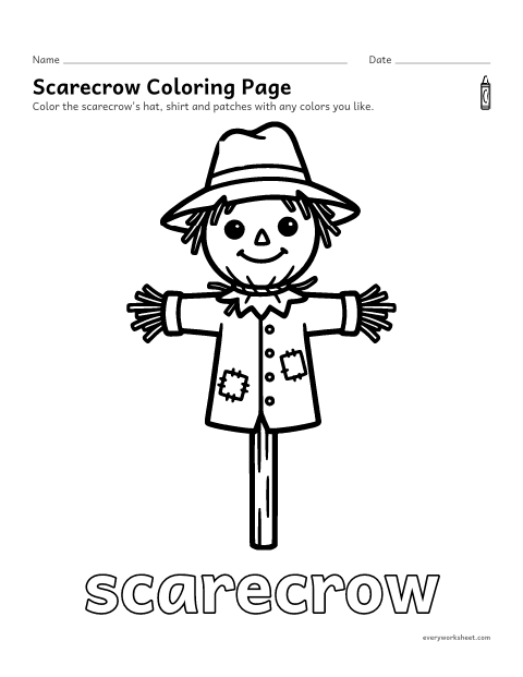Preview of the printable “Scarecrow coloring page” worksheet: coloring a big scarecrow picture with crayons
