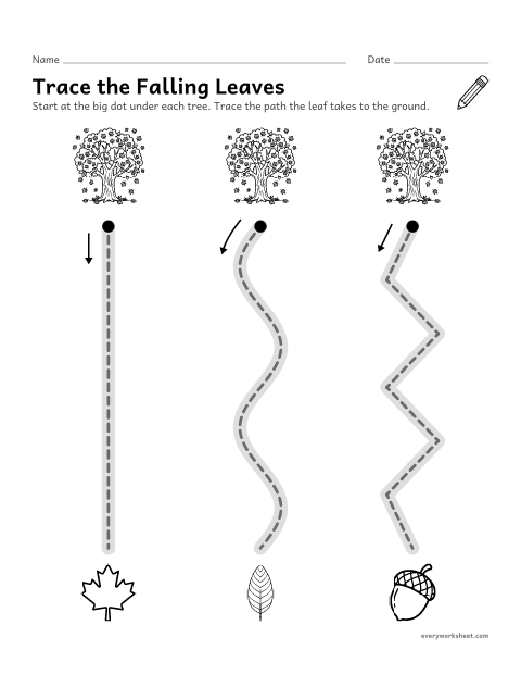 Preview of the printable “Trace the falling leaves” worksheet: tracing top to bottom: straight, wavy and zigzag paths