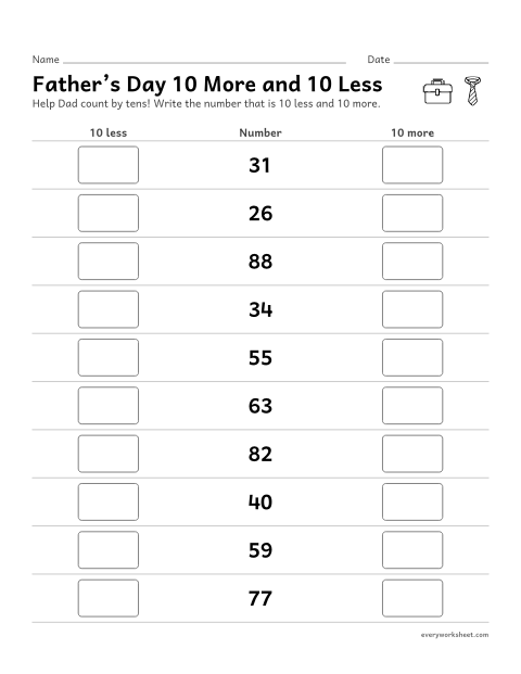Preview of the printable “Father's day 10 more and 10 less” worksheet: finding 10 more and 10 less than a number