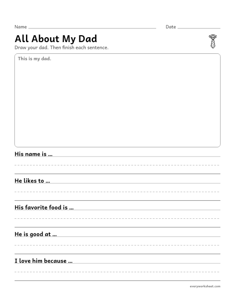 Preview of the printable “All about my dad questionnaire” worksheet: writing facts about a family member in complete sentences