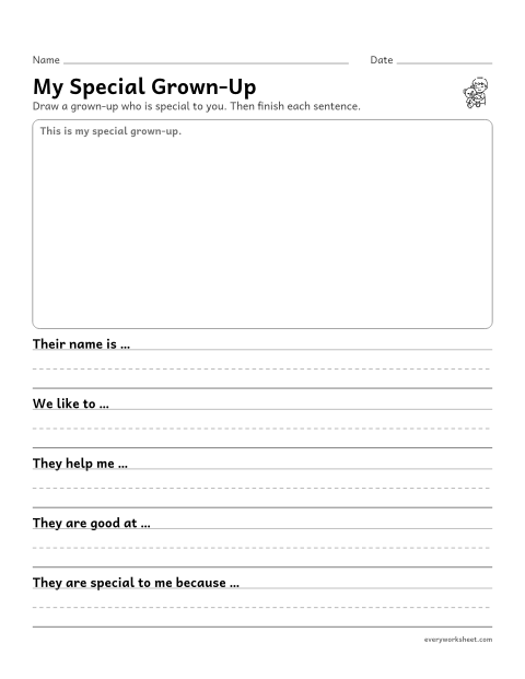 Preview of the printable “My special Grown-Up questionnaire” worksheet: writing facts about a special grown-up in complete sentences