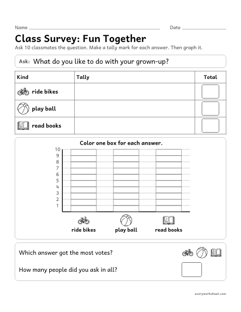 Preview of the printable “Class Survey: fun together” worksheet: asking a survey question, tallying the answers and making a bar graph