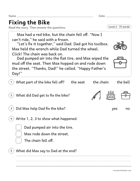Preview of the printable “Fixing the bike reading passage” worksheet: reading a short story and describing its characters and major events
