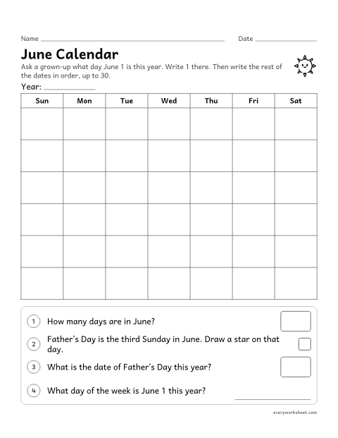 Preview of the printable “June calendar” worksheet: writing the dates 1 to 30 in order on a June calendar and finding the third Sunday