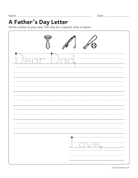 Preview of the printable “A Father's day letter” worksheet: writing a letter that gives an opinion and a reason