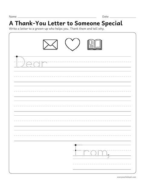 Preview of the printable “A Thank-You letter to someone special” worksheet: writing a letter that gives an opinion and a reason