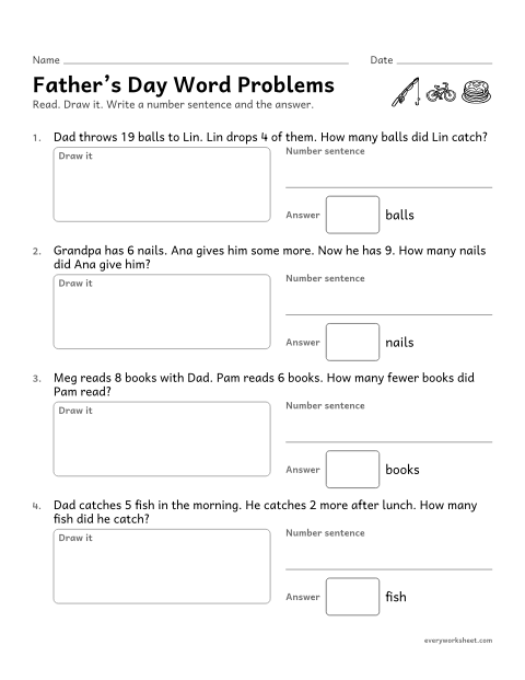 Preview of the printable “Father's day word problems” worksheet: solving Father's Day word problems within 20