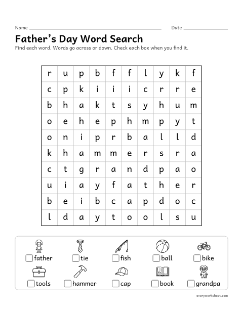 Preview of the printable “Father's day word search” worksheet: finding and reading Father's Day words by their spelling