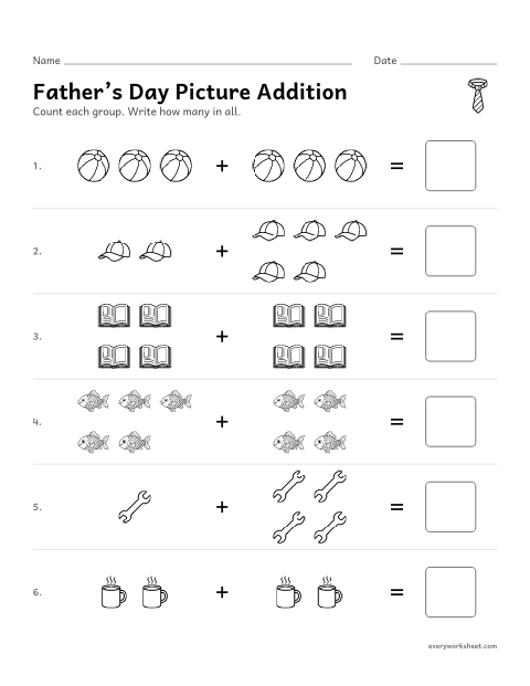 Preview of the printable “Father's day picture addition within 10” worksheet: adding two groups of pictures within 10