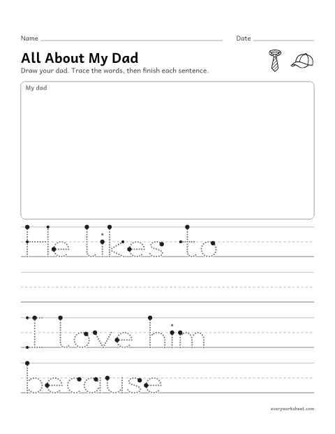 Preview of the printable “All about my Dad: draw and write” worksheet: drawing and writing facts about a grown-up