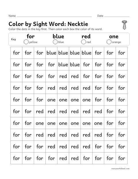Preview of the printable “Color by sight Word: necktie” worksheet: reading sight words to color a picture