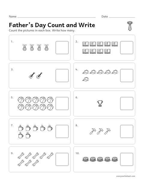 Preview of the printable “Father's day count and write 1–10” worksheet: counting up to 10 pictures and writing the number