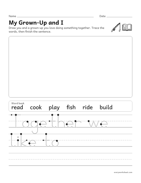 Preview of the printable “My Grown-Up and I writing prompt” worksheet: drawing and writing about a time with a grown-up