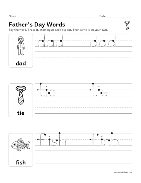 Preview of the printable “Father's day words Tracing: Dad, Tie, fish” worksheet: tracing and writing dad, tie and fish