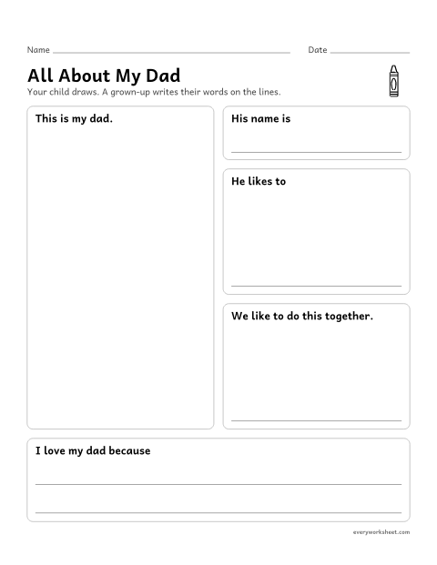 Preview of the printable “All about my Dad: draw and tell” worksheet: drawing and telling about Dad, with a grown-up writing the words