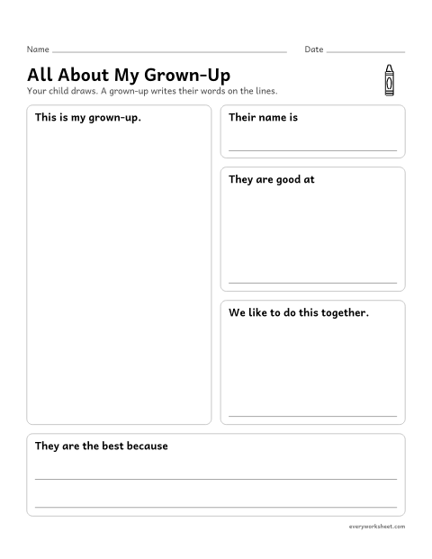 Preview of the printable “All about my Grown-Up: draw and tell” worksheet: drawing and telling about a special grown-up, with a grown-up writing the words