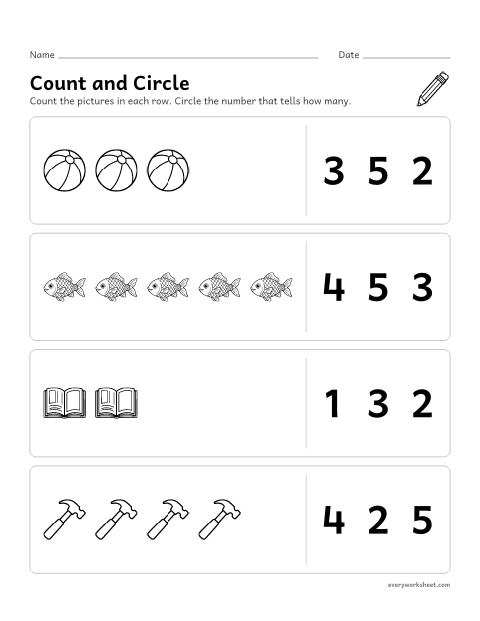 Preview of the printable “Father's day count and circle 1–5” worksheet: counting groups of 1 to 5 balls, books, fish and tools