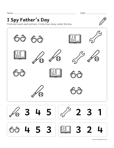 Preview of the printable “I spy Father's day” worksheet: finding and counting up to 5 of each picture