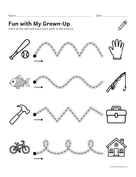 Preview of the printable “Father's day trace the path” worksheet: tracing wavy, hill, zigzag and loop paths from left to right