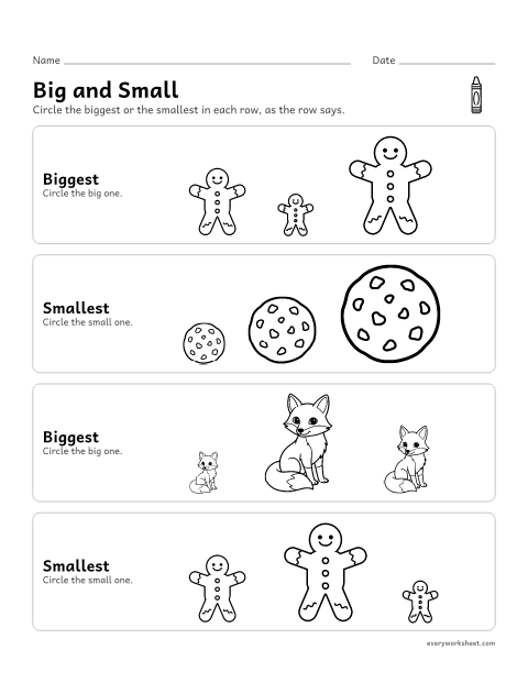 Preview of the printable “Gingerbread man big and small” worksheet: comparing size: biggest and smallest