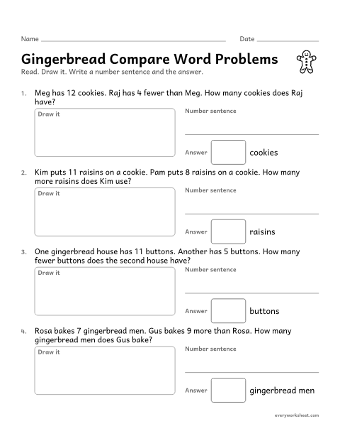 Preview of the printable “Gingerbread compare word problems” worksheet: solving how many more and how many fewer word problems