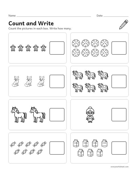 Preview of the printable “Gingerbread man count and write” worksheet: counting up to 10 objects and writing the number