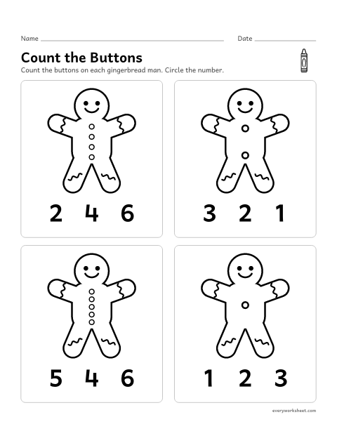 Preview of the printable “Gingerbread man count the buttons” worksheet: counting buttons to 5 and matching the number