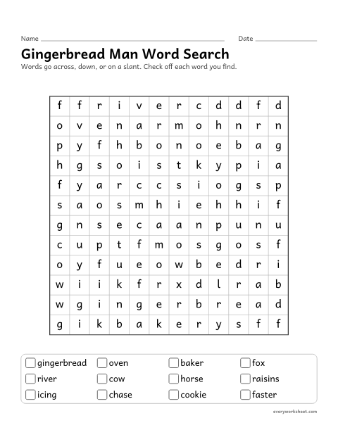 Preview of the printable “Gingerbread man word search” worksheet: reading and finding words from the Gingerbread Man story