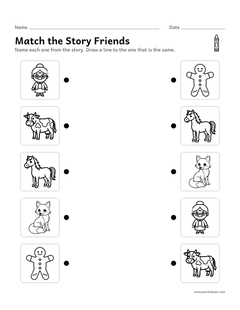 Preview of the printable “Gingerbread man story matching” worksheet: matching the same pictures and naming story characters