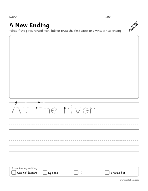 Preview of the printable “Write a new Ending: the gingerbread man” worksheet: writing a narrative with a sense of closure