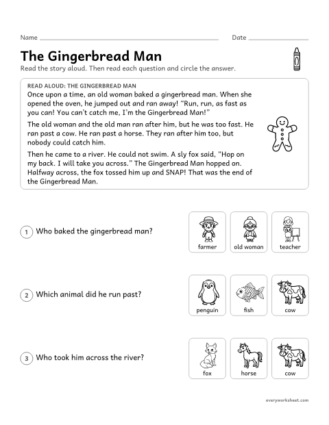 Preview of the printable “The gingerbread Man: story Read-Aloud” worksheet: listening to a folk tale and answering questions about characters and events